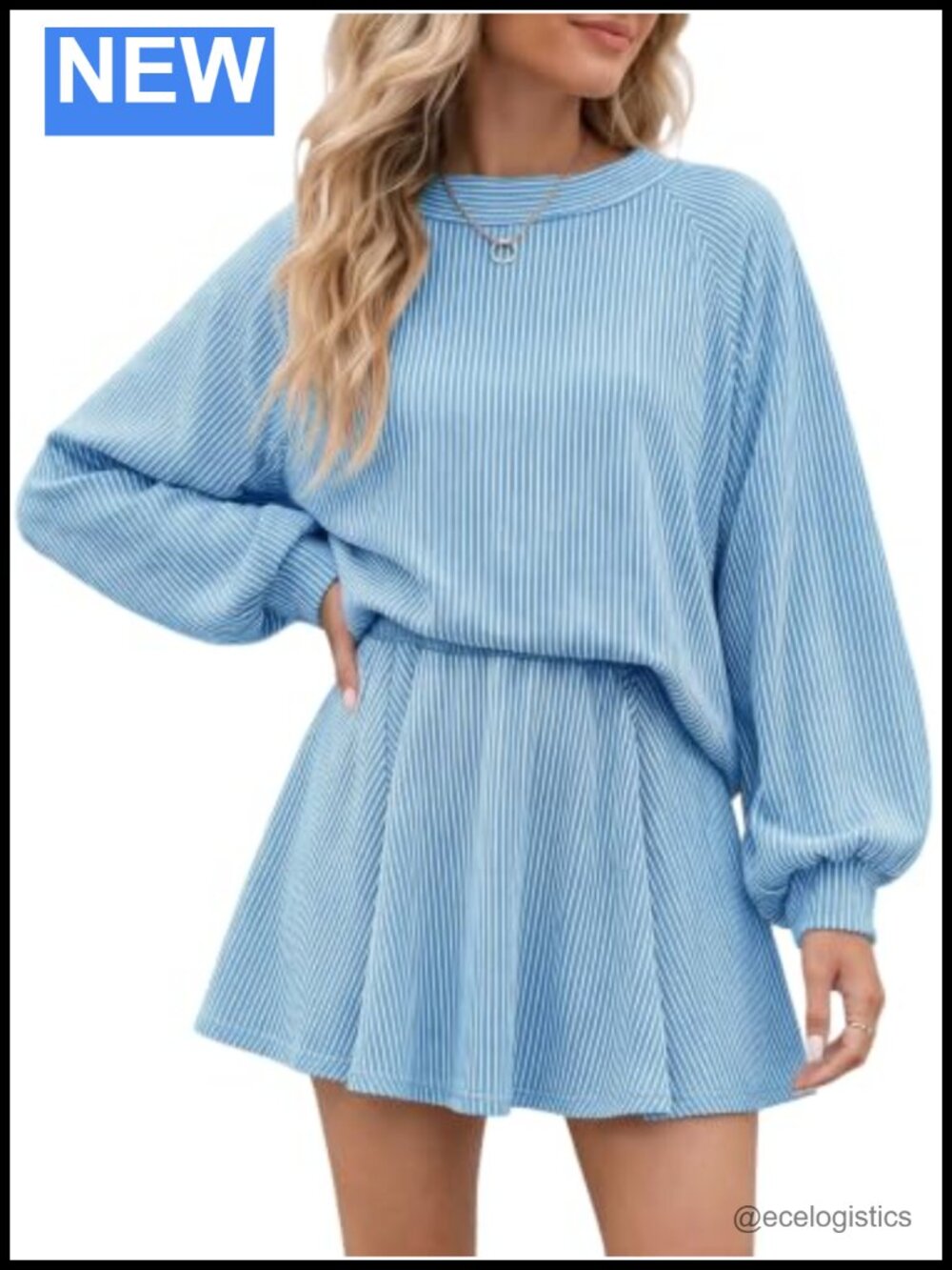 Women's 2 Piece Knit Skirt Set Striped Balloon Sleeve Outfit Casual Pullover